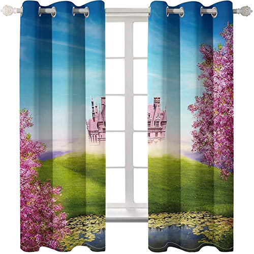 Daesar Vorhänge Polyester mit Ösen Muster Wohnzimmer Vintage Schloss Bäume Grasland, Gardinen Vorhang Fenster Blickdicht 214x244CM Verdunklungs Vorhang Wohnzimmer 2er Set