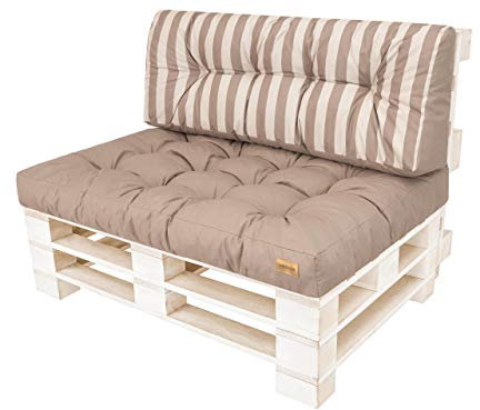 PillowPrim Palettenkissen Palettenauflagen Paletten Polster Auflagen Bedeckung Gartenkissen (Set (Sitzkissen 120x80 + Rückenlehne 120x40), Beige mit Streifen)