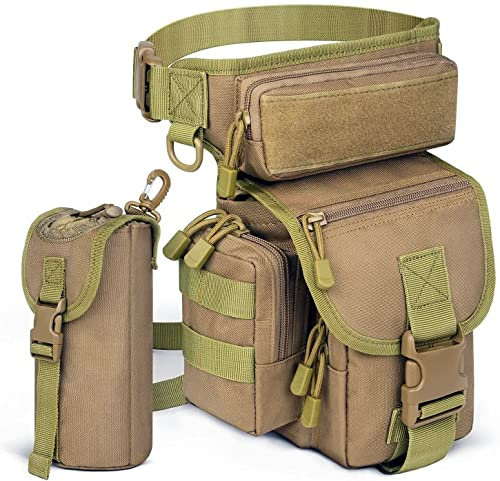 Flintronic Taktisch Beintasche Drop Beinbeutel, Mehrzweck Wasserdicht Outdoor Militär Beinbeutel Molle Hüfttasche mit Wasserflaschentasche, zum Wandern Reisen Motorradfahren Camping Angeln-Khaki