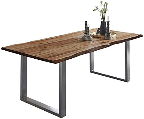 SAM Baumkantentisch 220x100 cm Mephisto, Akazienholz massiv + naturfarben lackiert, Esstisch mit Silber lackiertem U-Gestell, Esszimmertisch/Holztisch, Tischplatte 26 mm