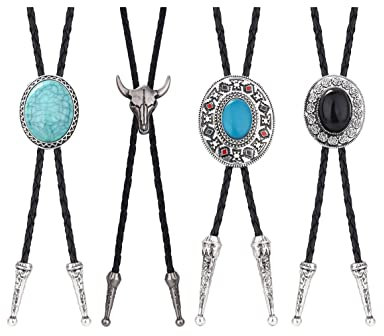 Finrezio 4Pcs Bolo Ties für Männer Frauen Handgemachte Cowboy Leder Krawatte Western Native American Original Black Tie Vintage Clip Kostümzubehör