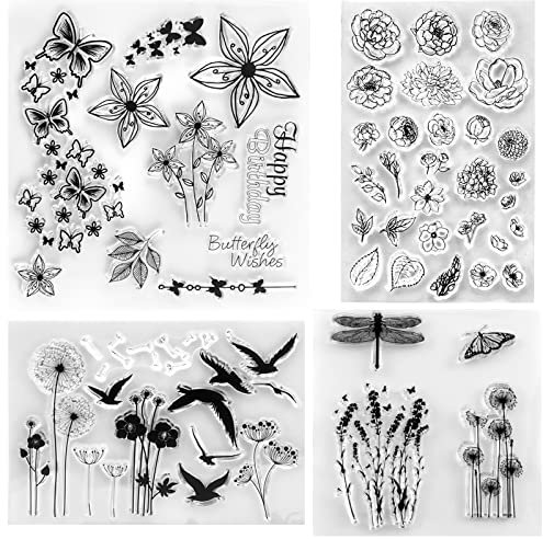 4 Stück Silikonstempel,Silikonstempel Blumen und Blätter Set Clear Stamps Löwenzahn Tiere und Blumen Clear Stamp Set für DIY Bullet Journal Scrapbooking Fotoalbum Geburtstag Stempelset