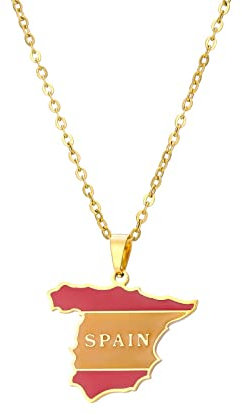 CECECOLEPansr Spanien Karte Flagge Anhänger Halskette Schmuck Charm Tropfen Glasur Karte Mode Geometrische Hip Hop Paar Halskette Unisex Pullover Kette Für Damen Herren Geschenk,Gold,45Cm(17.7 Zoll)