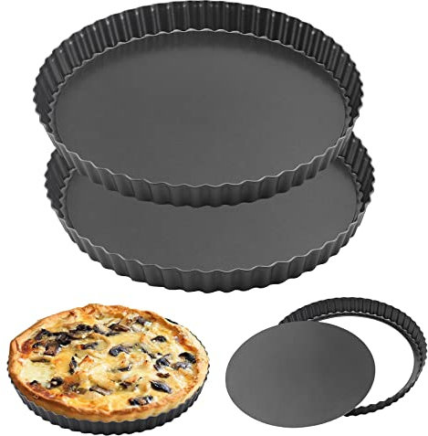HAKZEON 2 Pack 10 Inch Non-Stick Quiche Tart Pan with Loose Bottom, Removable Quiche Dish Fluted Flan Tin for Baking Quiches, Pies, Flans, Cheese