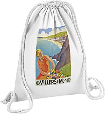 Turnbeutel mit Kordelzug Weiß Villers Sur Mer Normandie Poster Vintage Reisen Art Deco 30er Jahre 12 Liter