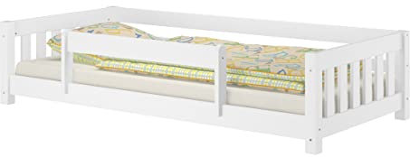 Erst-Holz Weißes Bodenbett Kinderbett 90x200 Kiefer massiv Zubehör wählbar V-60.28-09W, Ausstattung:mit Kindersicherung und Rollrost inkl.