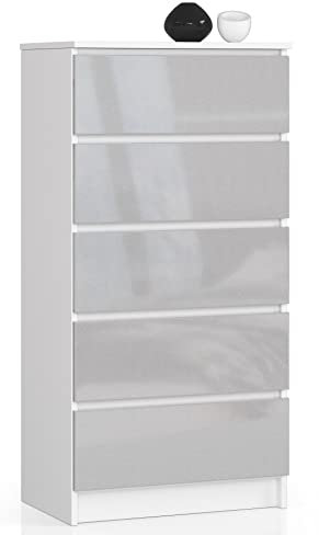 BDW Kommode Hochglanz K60 mit 5 Schubladen für Schlafzimmer, Wohnzimmer, Badezimmer, Büro - Modernes Design - Mehrzweckschrank mit viel Platz - 60 x 121 x 40 cm - Weiß-Grau