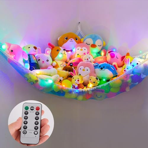 MHJY Toy Hammock Stuffed Animals Toy Storage Net with LED Light Large Corner Hanging Soft Cuddly Plush Mesh Organizer with Remote Control 8 Kinds of Llight Mode for Kids Nursery Bedroom