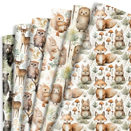 Dtiafu Woodland Geschenkpapier für Babyparty, 6 Stück, Waldtier-Geschenkpapier, flach gefaltet, Waldstil, Kunstpapier für Männer, Frauen, Kinder, Jungen, Mädchen, Geburtstag, Hochzeit, 50,8 x 71,1 cm