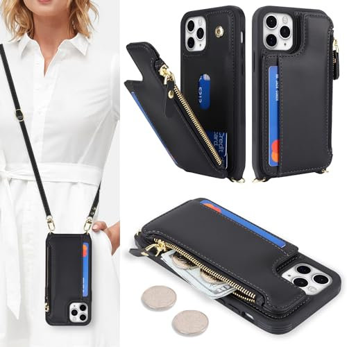 SailorTech Handyhülle für iPhone 11 Pro Max Etui mit Kartenfach, iPhone 11 Pro Max Hülle mit Verstellbarer Halskette, iPhone 11 Pro Max Handytasche mit Reißverschluss Geldbörse - Schwarz