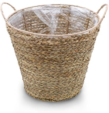 Seegras Pflanzkorb Natur mit Henkel - 27 x 24 cm - Pflanztopf mit Folie ausgekleidet - Deko Blumenkorb Blumentopf Rattan Flechtkorb für Zimmerpflanzen