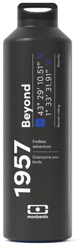 MONBENTO - Bouteille isotherme MB Steel Beyond - Gourde Isotherme Inox 500ml avec Infuseur Thé/Fruit - Garde Boissons Chaudes/Froides - Bouteille Inox Idéale Travail/Randonnée/Sport - Noir et Bleu