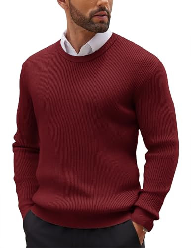 COOFANDY Herren Rundhals Pullover Feinstrick Sweater Strickpullover Ribbed Pullover Langarmshirt Modern Fit Pulli Winterpullover Weinrot M