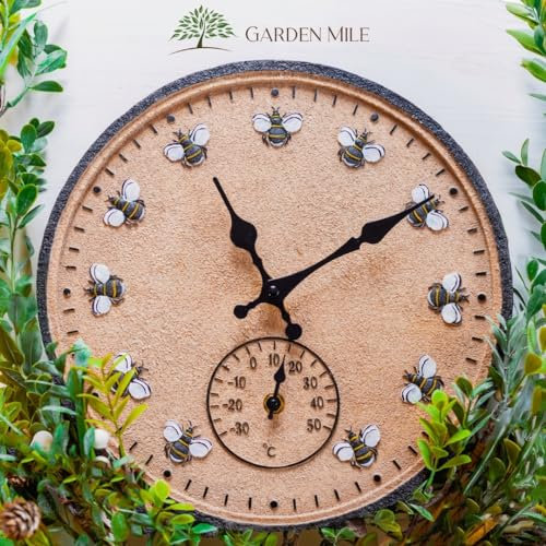 Garden Mile 30cm Bee Design Garden Clock and Thermometer Durable Quarts Clocks Outdoor Wall Ornament Decorative Wall Clock for Patio, Kitchen, Livingroom Décor