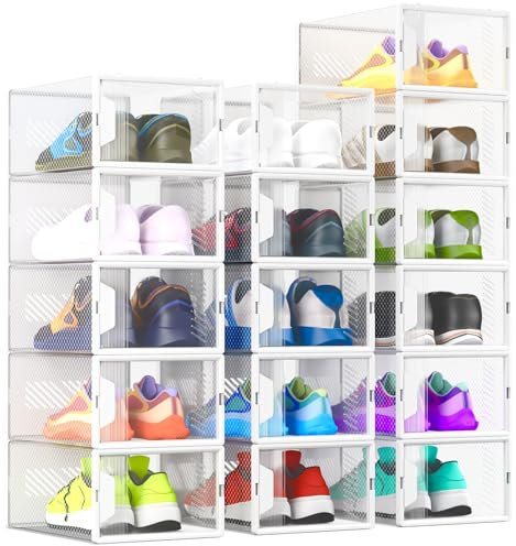 Unique Impression 16 Pack Shoe Storage Box - Clear Stackable Boxes - Plastic Trainer Storage Boxes - Transparent Shoe Display Containers - Fits Up To UK 9.5 size men’s