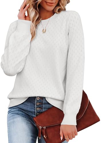 Zeagoo Femme Hiver Élégant Pull Doux et Confortable Côtelé Tricot Encolure Ras du Cou Sweater Manches Longues Chaud Top Blanc S