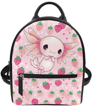 Showudesigns Mini-Rucksack aus PU-Leder, Tiermotiv, für Teenager, Mädchen, Reisen, Einkaufen, Strawberry Axolotl 2, One_Size, Reiserucksäcke