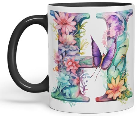 Vixar Letter H Mug, Floral Flowers Butterfly Alphabet Letter H Monogram Watercolour Ceramic Coloured Mug Cup for Tea Coffee Hot Brew 330ml 11Oz Gift (Black)