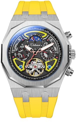 DAXIAOYU Men Sport Tourbillon Automatic Mechanical Watches Multifunction Dial Moon Phase Week Date Display Watch Stainless Steel Case Rubber Strap Luminous Watches, yellow, Luxury