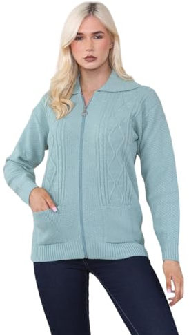 Candid Styles Womens Zipped Cable Knit Long Sleeve Zip Through Fasten Jumper Top Ladies Classic Knitwear Zipper Cardigan Pullover (Dusty Green, 14-16)