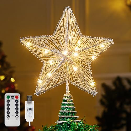 JOIEDOMI 12-Zoll-Weihnachtsstern-Baumspitze aus Metall mit radialem Design, Silberne warmweiße Baumspitze mit 20 LEDs, USB-betriebene Fernbedienung für Weihnachtsbaumschmuck, Feiertags- und Partydeko