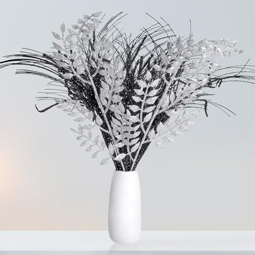Watayo 12 rami di salice ricci artificiali natalizi, colore nero argento glitterato, ramoscelli ricci, ornamenti, finti bastoncini glitterati natalizi per Halloween, ghirlande di Natale, vasi per la