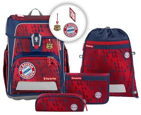 Step by Step Schulranzen-Set CLOUD FC Bayern “Mia san Mia”, 5-teilig, rot blau, ergonomisch mit Reflektoren, höhenverstellbar mit Hüft- und Brustgurt, für Jungen und Mädchen ab der 1. Klasse, 19 Liter