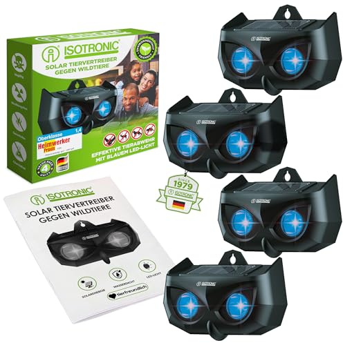 ISOTRONIC Solar Tiervertreiber zur Abwehr von Waschbären, Rehen, Füchsen & Wildschweinen – Wildtier Vertreiber mit blauem LED-Licht – effektive Tierabwehr mit 40m² Wirkungsbereich (4 Stück)