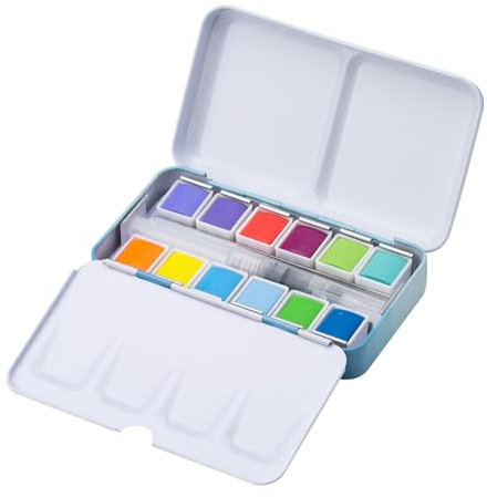 MEEDEN Pastel Watercolor Paint Set : 12 Colors Travel Watercolor Set with Brush in Half Pans - Portable Watercolor Paints for Adults & Artist