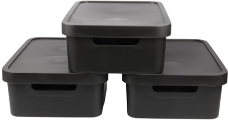 Jolie Max Plastic Storage Boxes with Lid, (Set of 3) 19L Each, Solid Matte Colour, Decorative Design with Handle, Stackable & Nestable Space-Saving Organizers – 45.5 x 33.5 x 15.5 cm (BLACK)