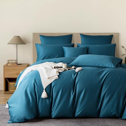 YASMENG Satin Bettwäsche 155x220 Petrol 100% Langstapelige Baumwolle Kühlend Mako Satin Bettwäsche Weich Seidig Atmungsaktiv Seide Bettbezug Set 3 Teilig mit Reißverschluss und 2 Kissenbezüge 80x80 cm