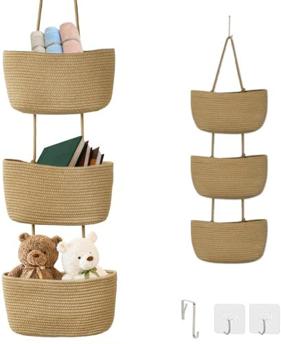 KBIBCK 3-Tier Over The Door Hanging Basket, Wall Mount Hanging Storage, Woven Rope Over The Door Storage, Door Hanging Storage Organiser Baskets with Hook for Bedroom, Living Room, Bathroom (Turmeric)