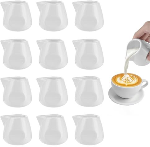 LDXDRU 12 Pack 110ml / 3.8oz Small Milk Jugs, White Porcelain Milk Creamer Pitcher, Mini Milk Pouring Jugs Milk Frothing Jug Sauce Pots for Coffee Milk Creamer