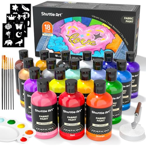 Shuttle Art Textilfarbe waschmaschinenfest, 18 waschfeste Stoffmalfarben (je 250ml) in Flaschen mit Pinseln, Vorlagen, wasserfeste Stofffarben für Kinder auf T-Shirt, Schuhe, Jeans, Tasche, Kleidung
