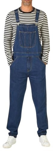 YOUTHUP Mens Denim Blue Dungarees Stonewash Relaxed Fit Casual Jeans Pockets Overalls, Dark Blue, XL