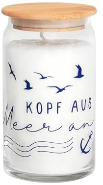 Candle Factory Motivkerze aus pflanzlichem Stearin mit Holzdeckel und stylischem Motiv, bis zu 65h Brennzeit, Duft: Meeresrauschen Motiv: Kopf aus, Meer an