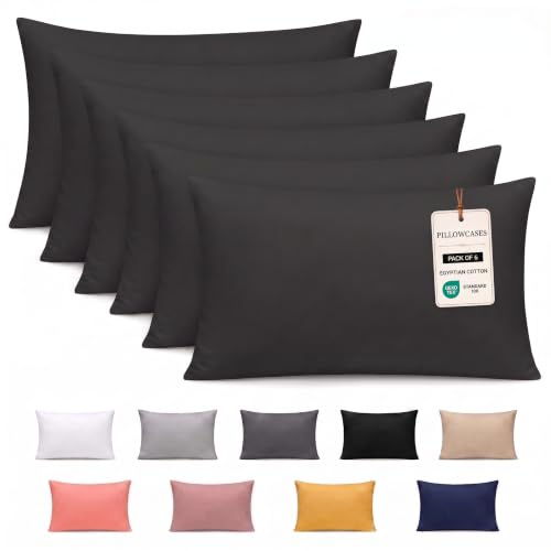 Pamposh 300 Thread Count 100% Egyptian Cotton Pillow Cases 6 Pack Breathable Ultrasoft Black Pillow Covers