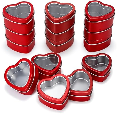 Goodma 14-Pack 60ml Empty Heart Shaped Metal Tins with Clear Window, Red | For Candle Making, For Candies, For Gifts & Treasures