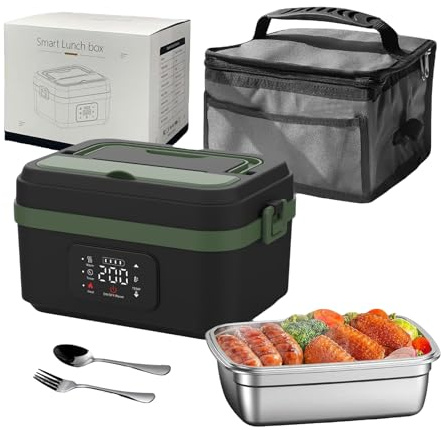 1L Cordless Electric Lunch Box, Battery Powered Heated Lunch Box for Adult, Detachable Stainless Steel Liner/Smart LED Screen/Adjustable Temperature, Rechargeable Food Warmers for Work School (Green)