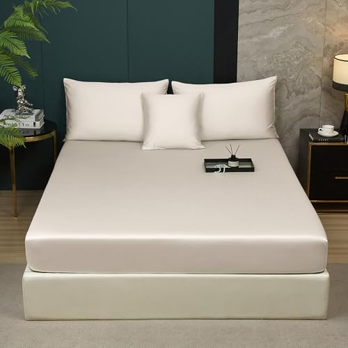 Luofanfei Mako Satin Baumwolle Spannbettlaken 90x200 Beige Boxspringbett | Jahreszeiten Topper ÖKO-TEX Bettlaken,Kühlend Glatt Muster und Atmungsaktiv Spannbetttücher,für Hohe Matratze bis 25-30 cm