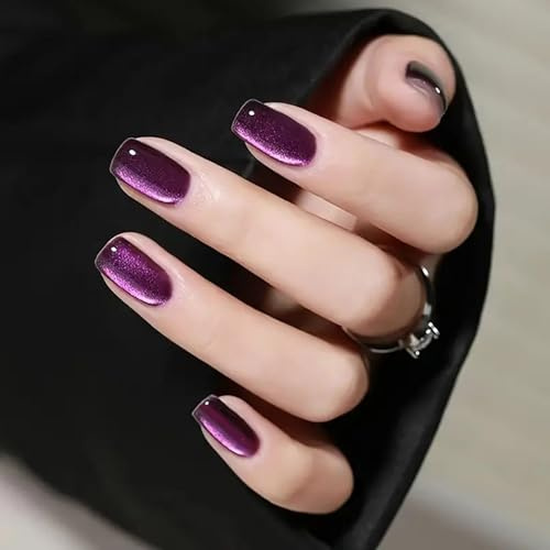 24PCS Short Square Purple Press On Nails - Glossy Full Cover False Nails for Women, ABS Material with Jelly Adhesive Tabs, Elegant Set for Office, Date & Daily Wear