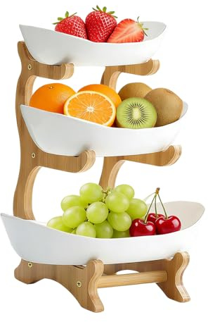MFUSUL Plastica a 3 Livelli Piano, Portafrutta a Ripiani con Supporto Telaio in Legno Naturale, Porta Frutta da Tavolo Verdura per Cibo, Verdure, Torte