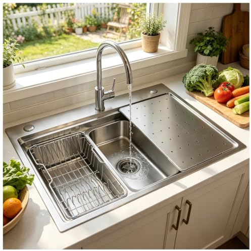 Grande Lavabo Cucina 85×50cm, Lavabo Cucina Moderno In Acciaio Inox 304, Lavabo 1 Vasca con 3 Fori, Lavello Multifunzione con Filtro a Cestello, Sifone e Set di Drenaggio (kitchen sink)