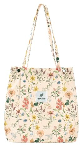 Damen Handtasche Kord Shopper Cord Tote Bag fur Reisen Alltag Schule Arbeit | Blumendruck, magnetische Druckknöpfe, passend für Tablets mit einer Größe von 27,9 cm (11 Zoll), verstärkte Nähte