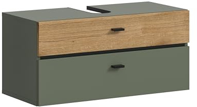 xonox.home – Waschbeckenunterschrank Aqua 75x35x35 cm in Sage Green & Evoke Oak Nachbildung – 2 Schubkästen & Syphonausschnitt – Breiter Unterschrank – exklusiver Look, komfortabel & modern gestaltet