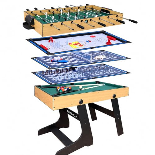 12-in-1 Multi Spieltisch, Kicker Multigame Klappbar mit Tischfußball, Billardtisch, Tischtennis, Hockey, Shuffleboard, Bowling, Schach, Dame, Backgammon und Poker samt sämtlichem Zubehör