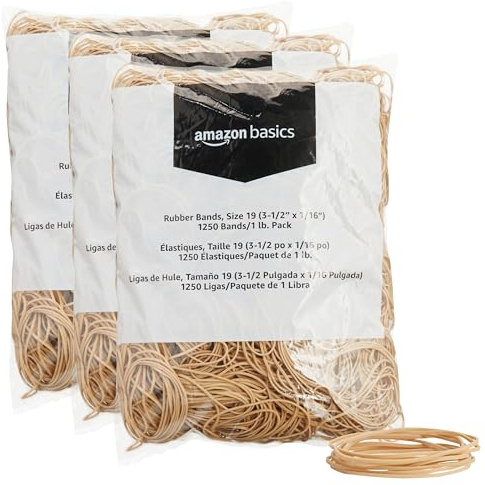 Amazon Basics Rubber Bands, Office Supplies, Size 19 (3-1/2 x 1/16 Inch), Stretchy, 1250 Bands/1 lb. Pack, 3-Pack, Tan
