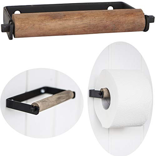 LS-LebenStil Vintage Metall Toilettenpapierhalter Schwarz 13cm Altum Rollenhalter mit Holzrolle zur Wandmontage WC Papier Halterung Klopapierhalter für Badezimmer Gäste WC