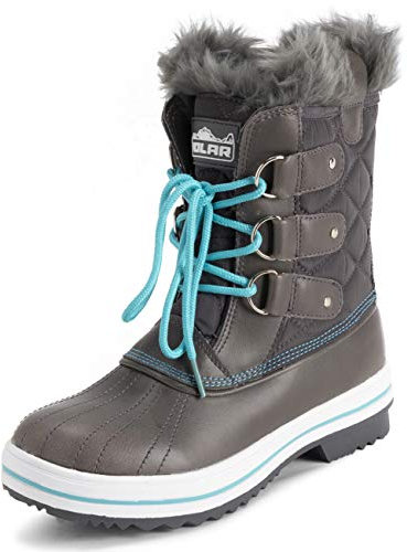 Polar Donna Mid Imbottito Termica Durevole Suola Di Gomma Impermeabile Inverno Neve Pelliccia Ecologica Stivales - Grigio/Blu - UK5/EU38 - YC0638