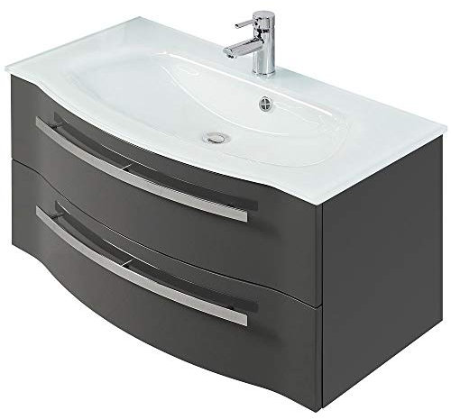Lomadox Waschtisch 92cm mit Unterschrank in Hochglanz grau mit 2 Softclose Schubkästen und Glaswaschbecken